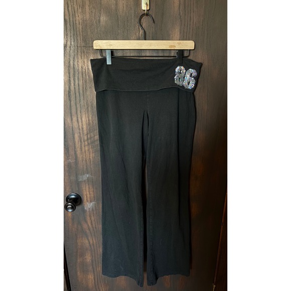 Victorias Secret PINK Yoga Pants Black Sequin Love Pink 86 Foldover Flare Large - Picture 3 of 4